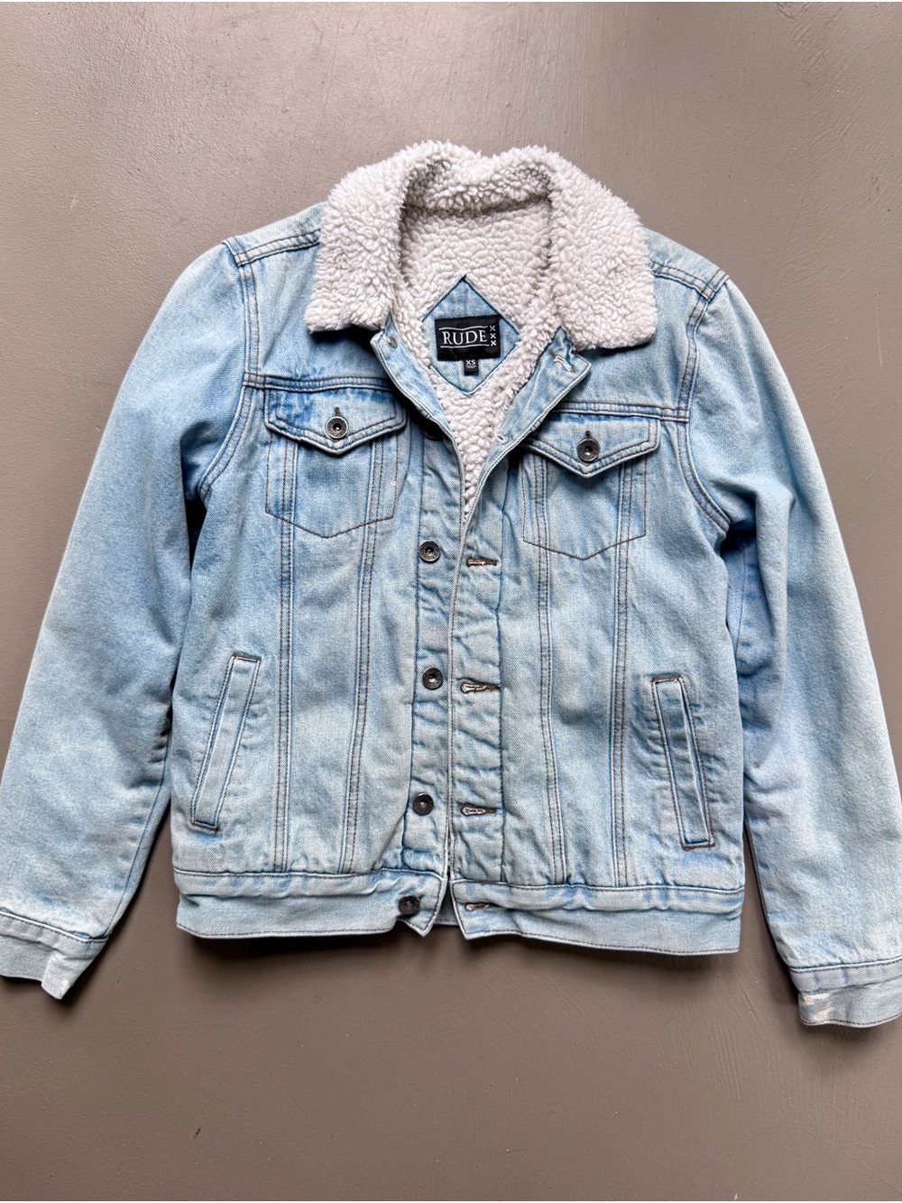 RUDE Light Blue Denim Jacket with White Sherpa Collar